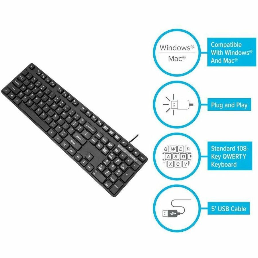 Targus AKB30US USB Wired Keyboard with 108-Key QWERTY Layout, Ergonomic Design, and Plug-and-Play Compatibility