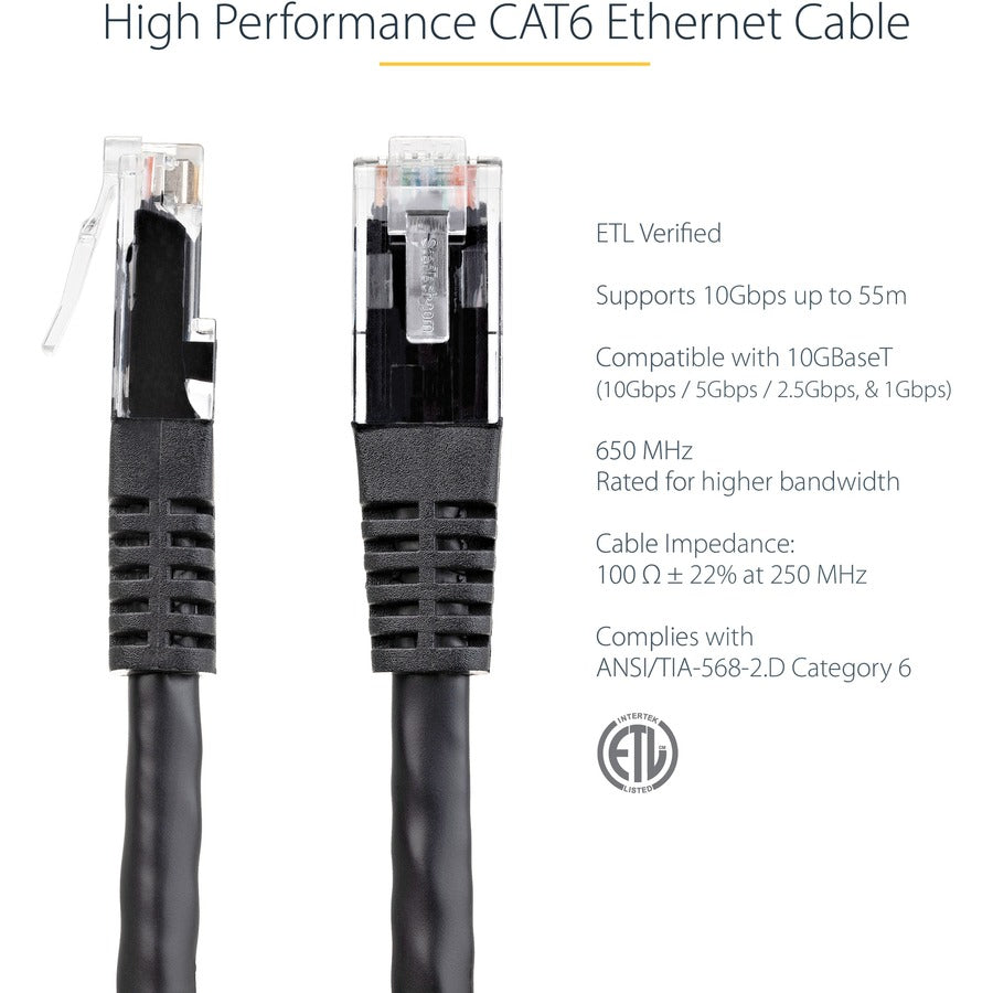 StarTech.com 2ft Black Cat6 Ethernet Patch Cable with Gold Connectors and PoE Support