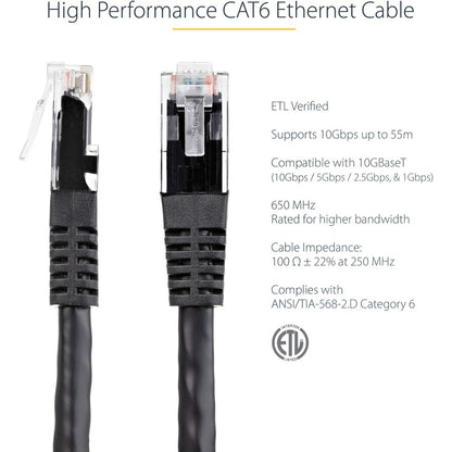 StarTech.com 2ft Black Cat6 Ethernet Patch Cable with Gold Connectors and PoE Support