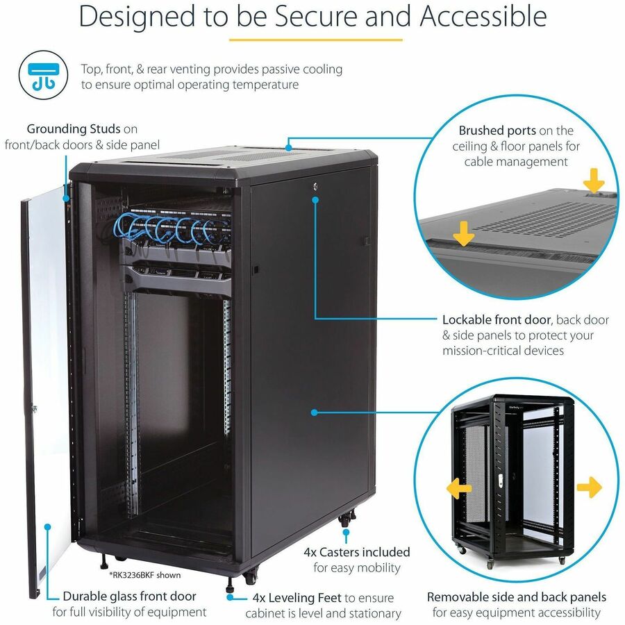 StarTech.com 25U 36-Inch Knock-Down Server Rack Cabinet with Casters and Glass Front Door