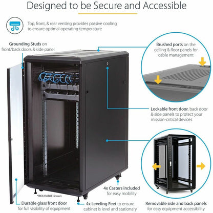 StarTech.com 25U 36-Inch Knock-Down Server Rack Cabinet with Casters and Glass Front Door