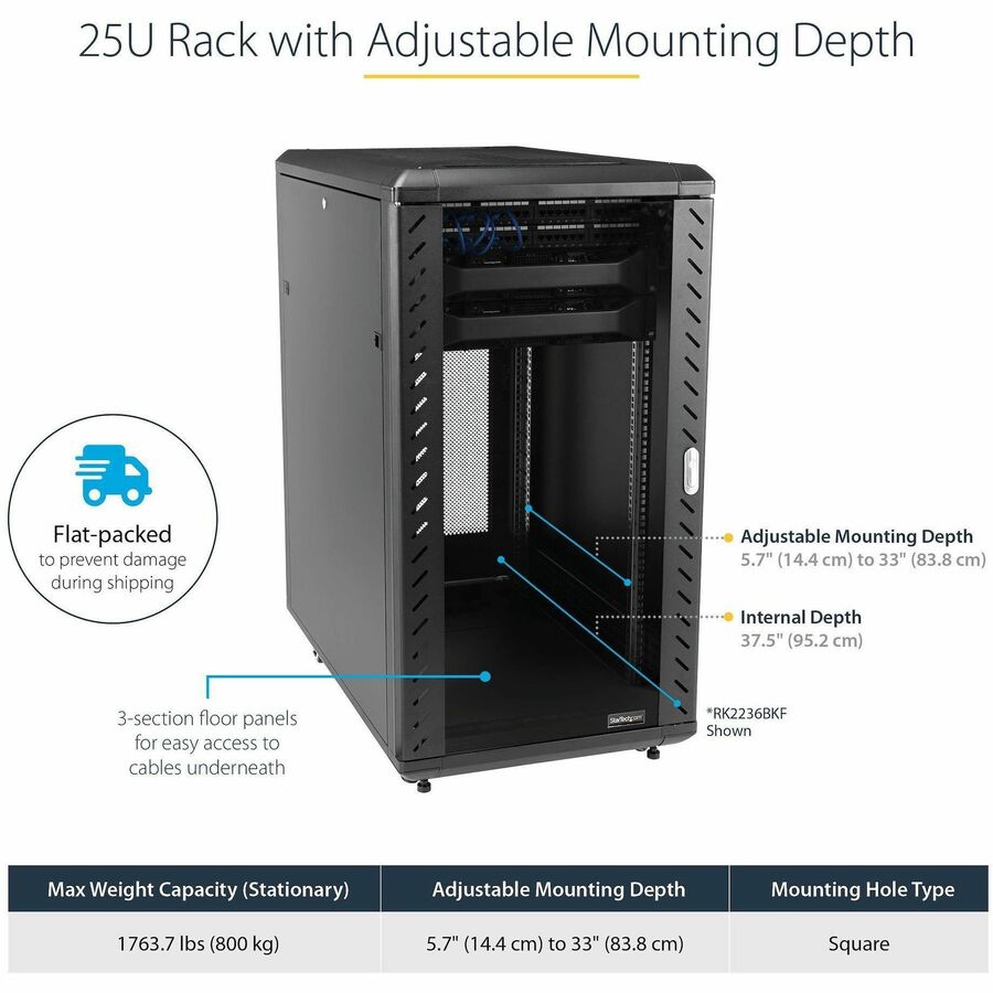 StarTech.com 25U 36-Inch Knock-Down Server Rack Cabinet with Casters and Glass Front Door