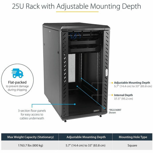 StarTech.com 25U 36-Inch Knock-Down Server Rack Cabinet with Casters and Glass Front Door
