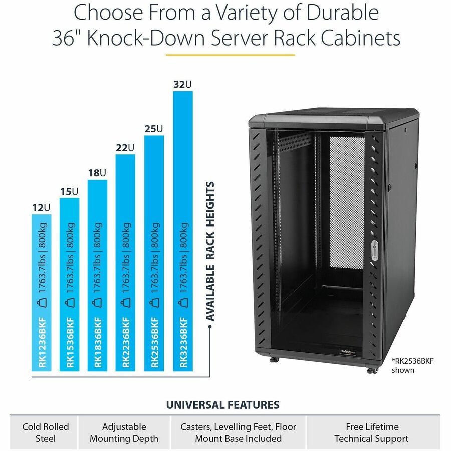 StarTech.com 25U 36-Inch Knock-Down Server Rack Cabinet with Casters and Glass Front Door