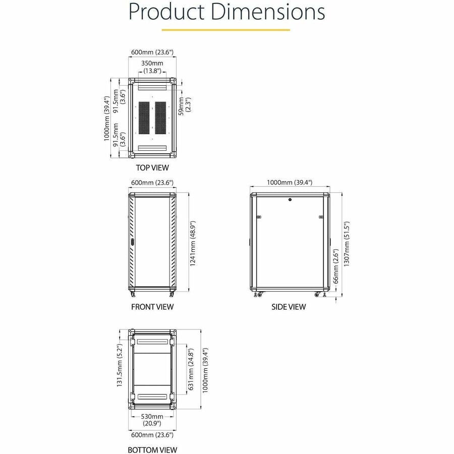 StarTech.com 25U 36-Inch Knock-Down Server Rack Cabinet with Casters and Glass Front Door