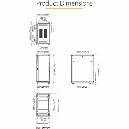 StarTech.com 25U 36-Inch Knock-Down Server Rack Cabinet with Casters and Glass Front Door
