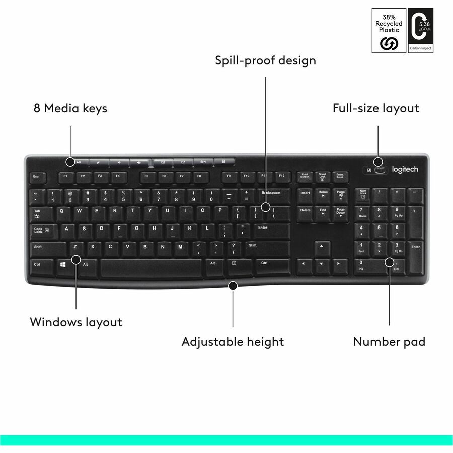 Logitech K270 Wireless Keyboard for Windows - 2.4 GHz, Full-Size, Spill-Resistant, Black
