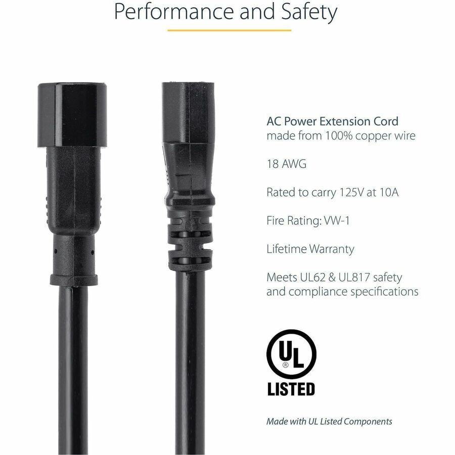 StarTech.com 3ft Power Extension Cord C14 to C13 – 10A 125V Computer Power Supply Extension Cable