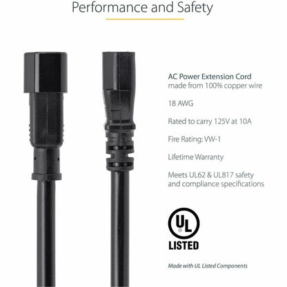 StarTech.com 3ft Power Extension Cord C14 to C13 – 10A 125V Computer Power Supply Extension Cable