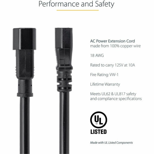 StarTech.com 3ft Power Extension Cord C14 to C13 – 10A 125V Computer Power Supply Extension Cable