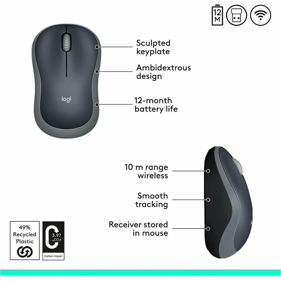 Logitech M185 Wireless Mouse with 2.4GHz Connectivity and 1000 DPI Optical Tracking in Silver
