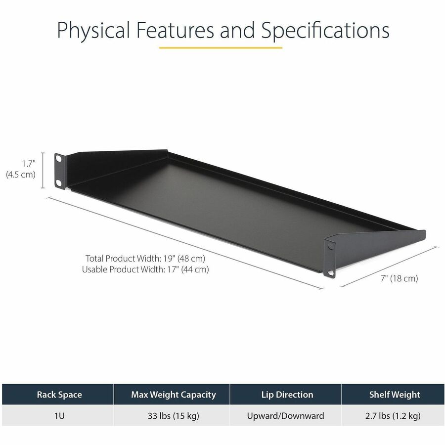 StarTech.com 1U Universal Fixed Rack Shelf – 7-inch Deep Steel Shelf for 19-inch Server Racks
