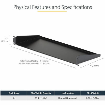 StarTech.com 1U Universal Fixed Rack Shelf – 7-inch Deep Steel Shelf for 19-inch Server Racks