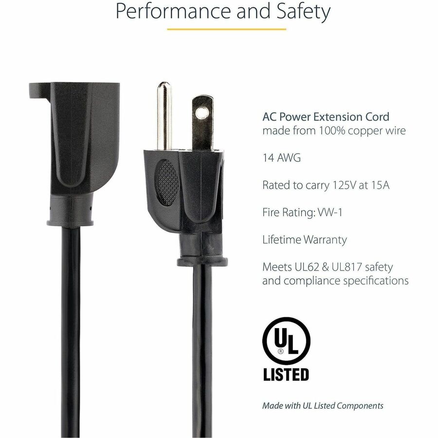 StarTech.com 6 ft 14 AWG Power Extension Cord NEMA 5-15R to NEMA 5-15P Black