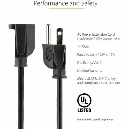 StarTech.com 6 ft 14 AWG Power Extension Cord NEMA 5-15R to NEMA 5-15P Black