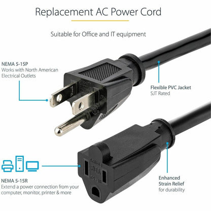StarTech.com 10ft Heavy Duty Power Extension Cord NEMA 5-15R to 5-15P - 14 AWG, 125V, 15A, Black