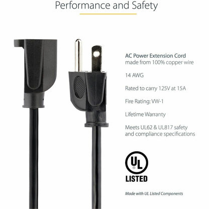 StarTech.com 10ft Heavy Duty Power Extension Cord NEMA 5-15R to 5-15P - 14 AWG, 125V, 15A, Black