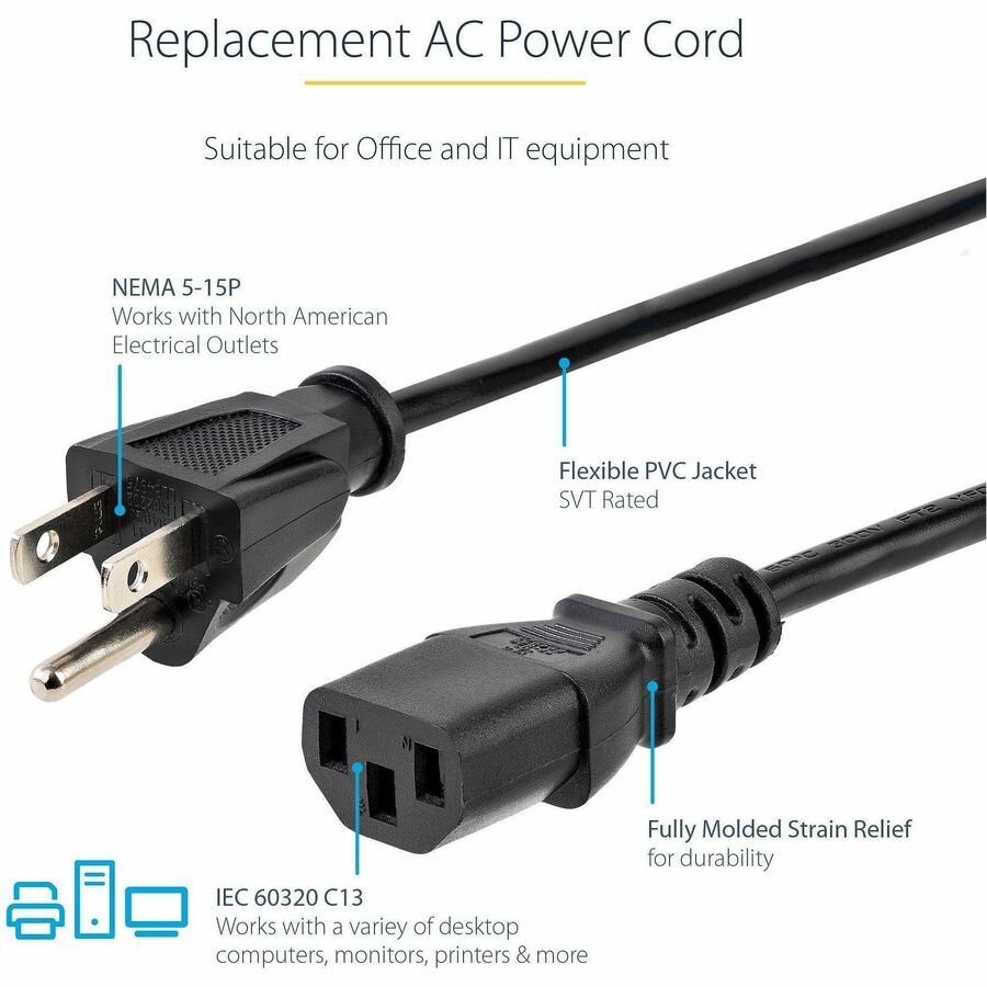 StarTech.com 6ft Heavy Duty Computer Power Cord NEMA 5-15P to IEC 60320 C13