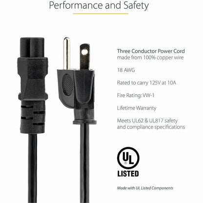 StarTech.com 10 ft Laptop Power Cord with NEMA 5-15P and IEC C5 Connectors