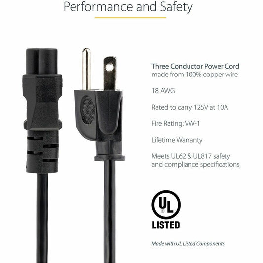 StarTech.com 10 ft Laptop Power Cord with NEMA 5-15P and IEC C5 Connectors