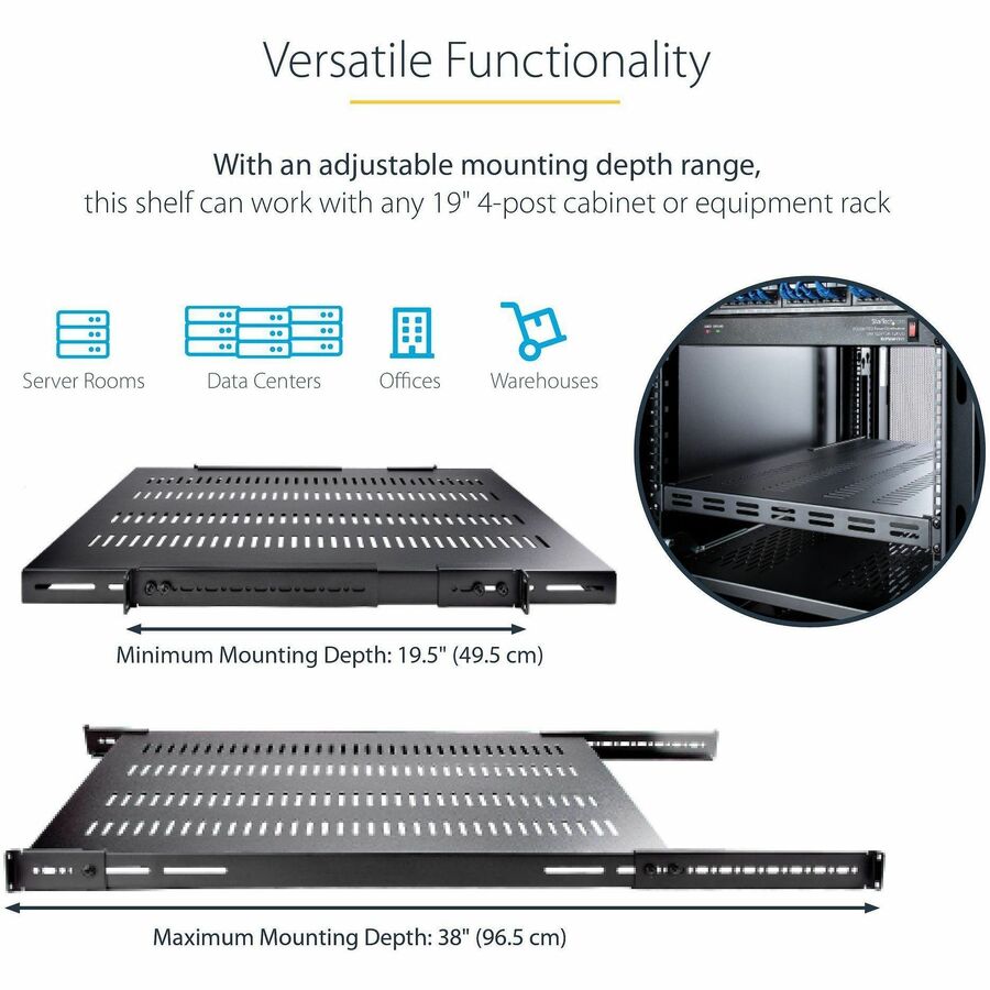 StarTech.com 1U 4-Post Adjustable Vented Rack Mount Shelf - Heavy Duty 19-Inch Server Rack Shelf with 330 lb Capacity