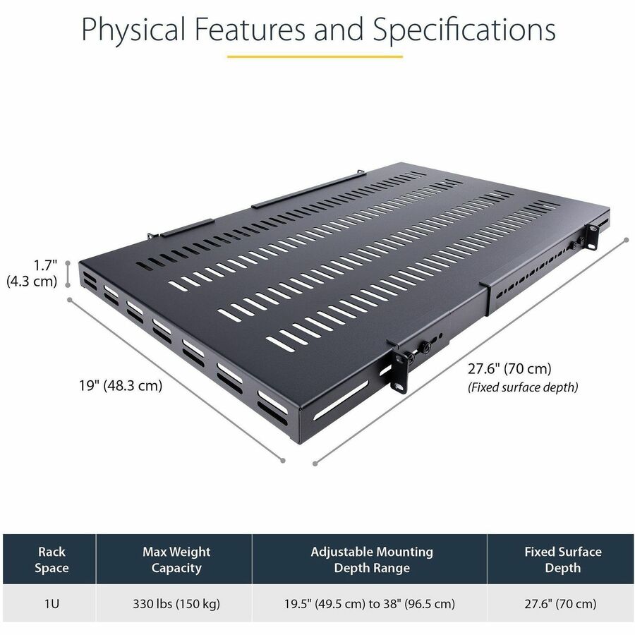 StarTech.com 1U 4-Post Adjustable Vented Rack Mount Shelf - Heavy Duty 19-Inch Server Rack Shelf with 330 lb Capacity