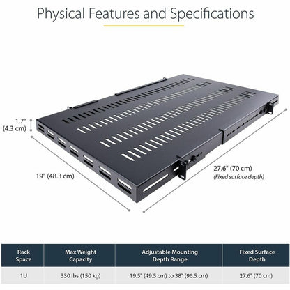 StarTech.com 1U 4-Post Adjustable Vented Rack Mount Shelf - Heavy Duty 19-Inch Server Rack Shelf with 330 lb Capacity