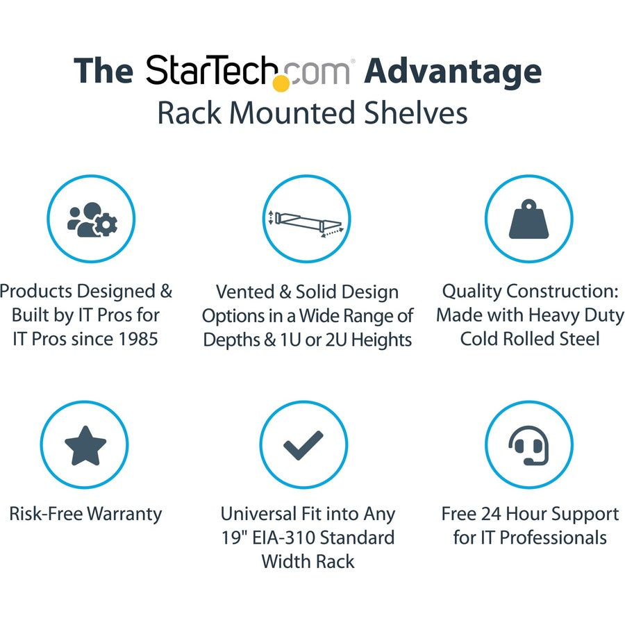 StarTech.com 2U Fixed Rack Mount Shelf - 22-inch Depth for Standard 19-Inch Server Racks