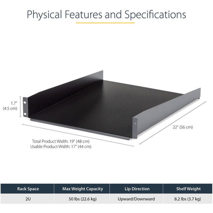 StarTech.com 2U Fixed Rack Mount Shelf - 22-inch Depth for Standard 19-Inch Server Racks