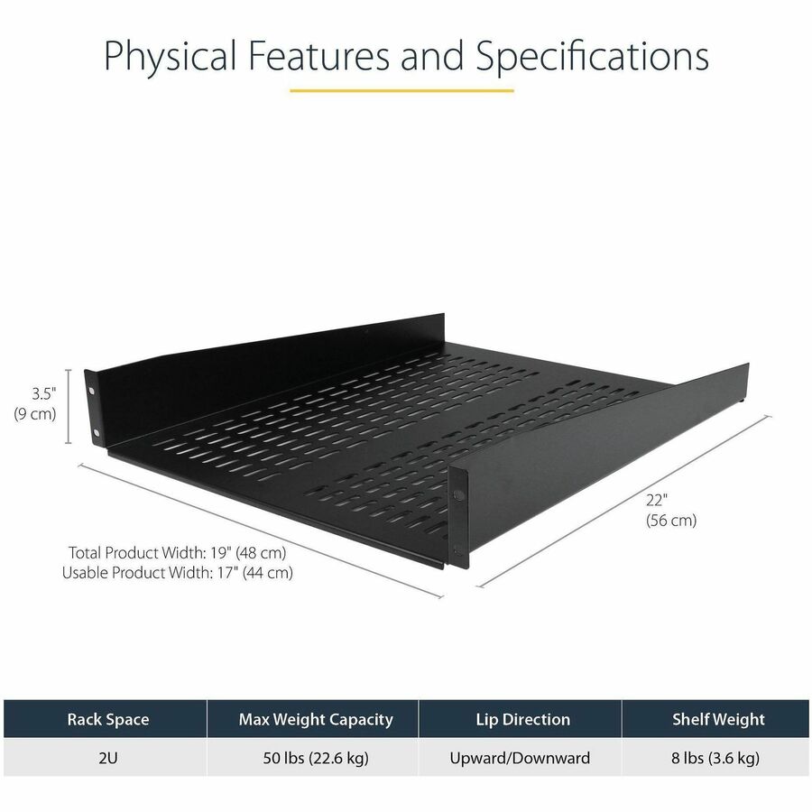 StarTech.com 2U Vented Rack Mount Shelf - 22 Inch Deep Fixed Server Rack Shelf for 19-Inch Cabinets