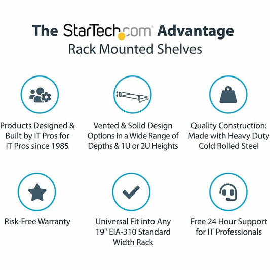 StarTech.com 2U Vented Rack Mount Shelf - 22 Inch Deep Fixed Server Rack Shelf for 19-Inch Cabinets