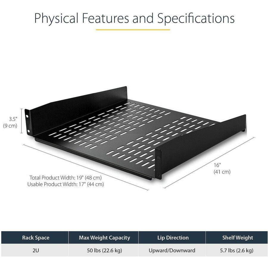 StarTech.com 2U 16-inch Vented Rack Mount Shelf for 19-Inch Server Racks - Supports 50 lbs