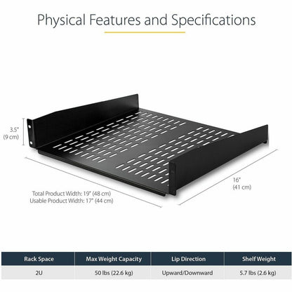 StarTech.com 2U 16-inch Vented Rack Mount Shelf for 19-Inch Server Racks - Supports 50 lbs