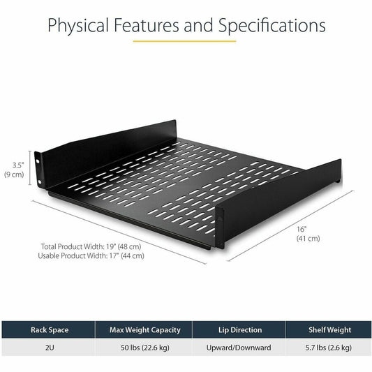 StarTech.com 2U 16-inch Vented Rack Mount Shelf for 19-Inch Server Racks - Supports 50 lbs