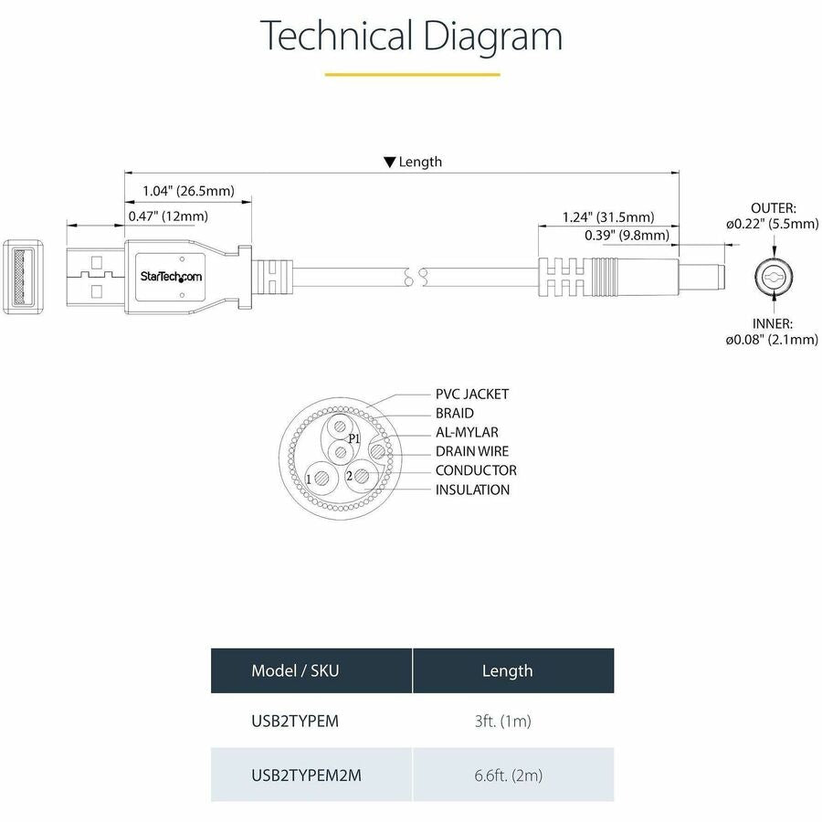 StarTech.com 2m USB to Type M Barrel Power Cable - USB to 5.5mm 5V DC Connector
