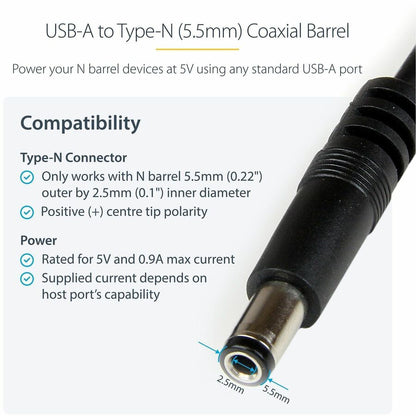StarTech.com 1m USB to Type N Barrel 5V DC Power Cable - USB A to 5.5mm DC