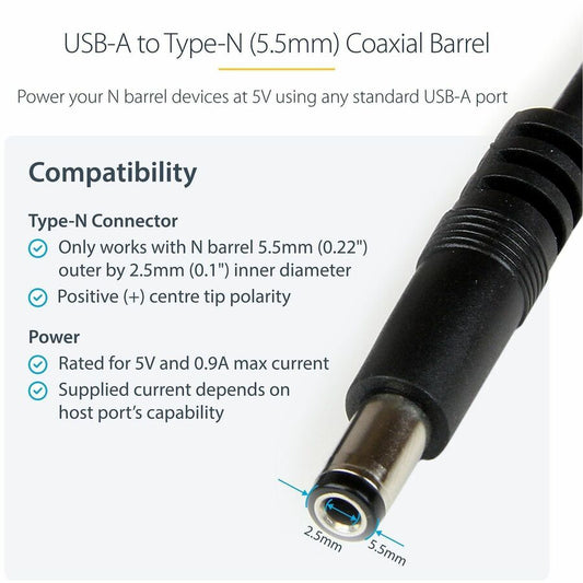 StarTech.com 1m USB to Type N Barrel 5V DC Power Cable - USB A to 5.5mm DC