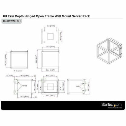 StarTech.com RK819WALLOH 8U Hinged Wall Mount Server Rack – 19-Inch Open Frame Data Rack for IT Equipment