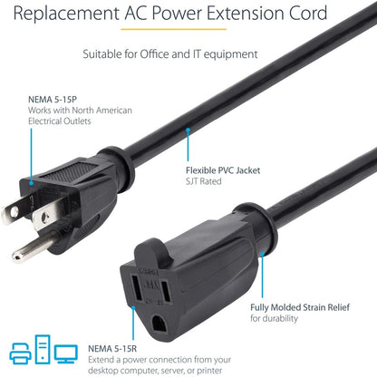 StarTech.com 3 ft Power Extension Cord - NEMA 5-15R to NEMA 5-15P Black Computer Power Cable