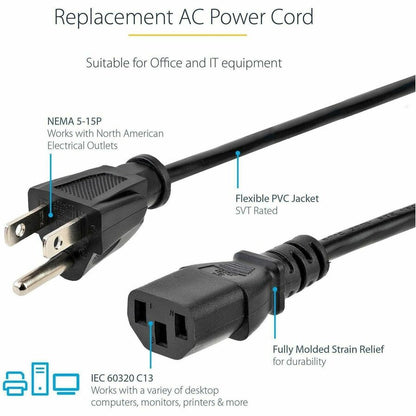 StarTech.com 10ft Computer Power Cord PXT101_10 – NEMA 5-15P to IEC C13, 10A 125V, Black Replacement Power Cable