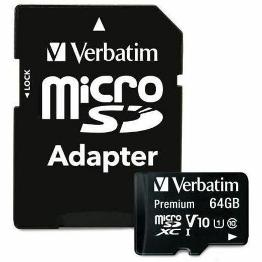 Verbatim America, LLC 64GB Premium microSDXC Memory Card with Adapter – UHS-I U1 Class 10, 90MB/s Read Speed, Full HD Support