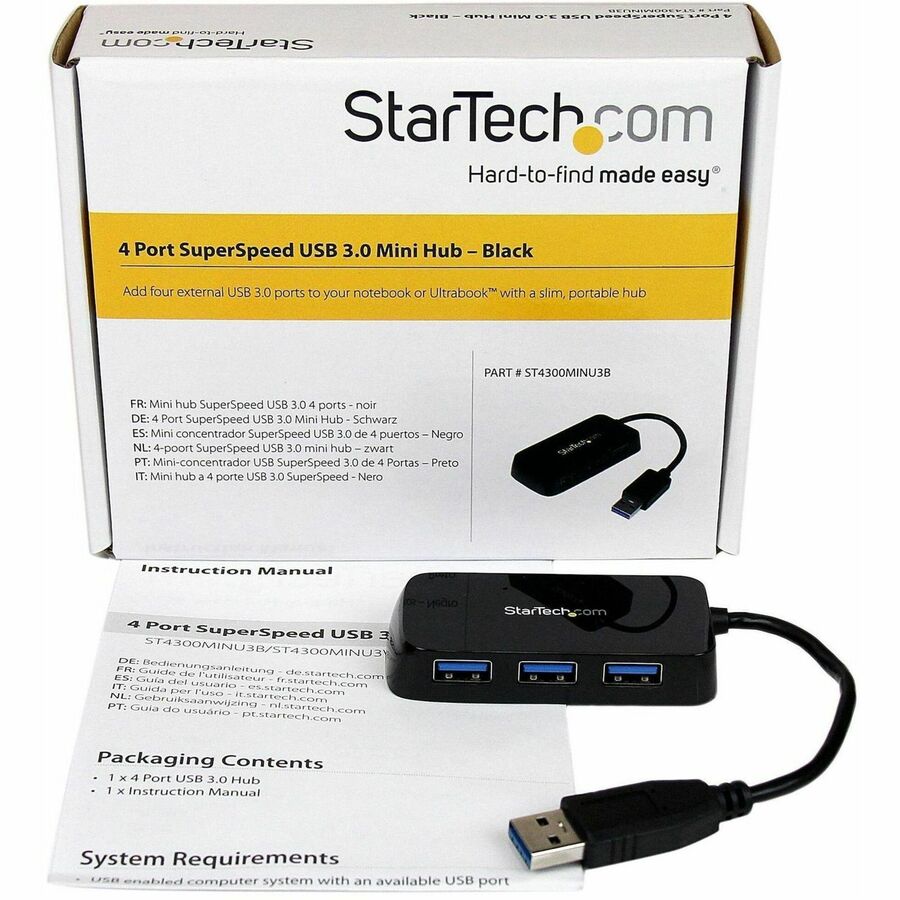 StarTech.com Portable 4 Port SuperSpeed Mini USB 3.0 Hub - Black (Part No. ST4300MINU3B)