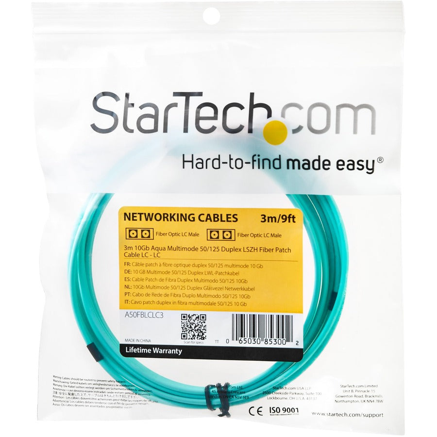 StarTech.com 3m Aqua Multimode Duplex Fiber Optic Patch Cable LC to LC LSZH OM3