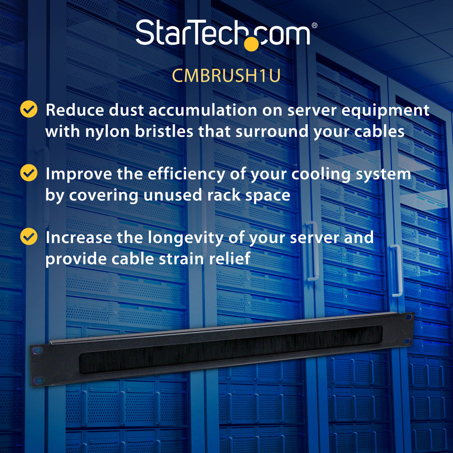 StarTech.com 1U Brush Strip Horizontal Server Rack Cable Management Panel - Steel with High-Density Nylon Bristles