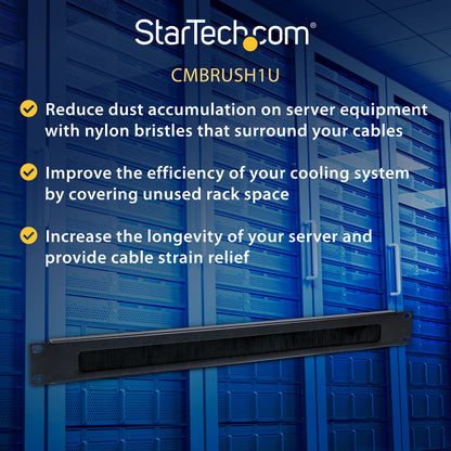 StarTech.com 1U Brush Strip Horizontal Server Rack Cable Management Panel - Steel with High-Density Nylon Bristles