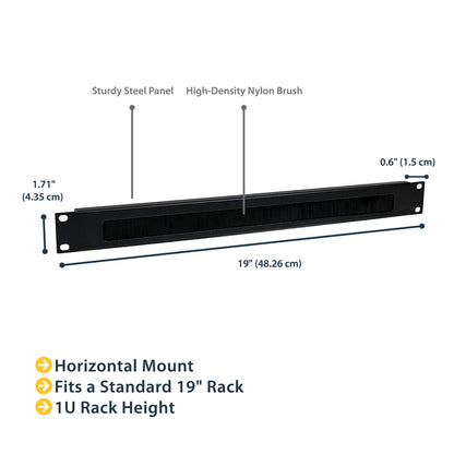 StarTech.com 1U Brush Strip Horizontal Server Rack Cable Management Panel - Steel with High-Density Nylon Bristles