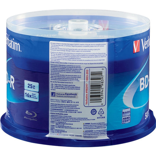 Verbatim BD-R 25GB 16X with Branded Surface – 50 Disc Spindle for HD Video and Audio Backup
