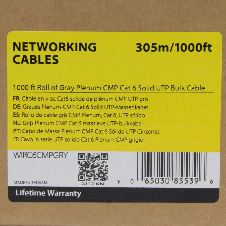 StarTech.com 1000 ft Gray Cat6 Plenum Ethernet Cable - High-Performance UTP Bulk Cable with Fire-Rated CMP/FT6 Jacket