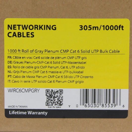 StarTech.com 1000 ft Gray Cat6 Plenum Ethernet Cable - High-Performance UTP Bulk Cable with Fire-Rated CMP/FT6 Jacket