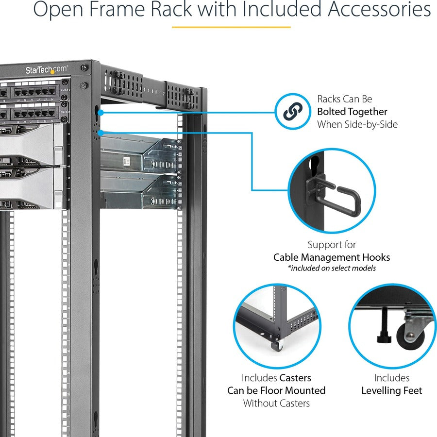 StarTech.com 4-Post 42U Mobile Open Frame Server Rack with Casters and Adjustable Depth